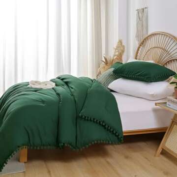 YIRDDEO Soft Queen Comforter Set with Pom Fringe - Emerald