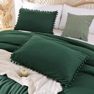 YIRDDEO Soft Queen Comforter Set with Pom Fringe - Emerald