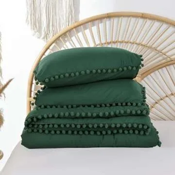 YIRDDEO Soft Queen Comforter Set with Pom Fringe - Emerald