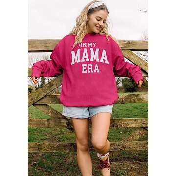MYHALF Women Mama Sweatshirt Oversized Sweatshirts Crewneck Mom Era Print Pullover Long Sleeve Sweater Shirts Pink