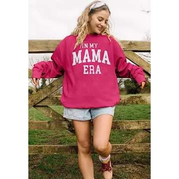 MYHALF Women Mama Sweatshirt Oversized Sweatshirts Crewneck Mom Era Print Pullover Long Sleeve Sweater Shirts Pink