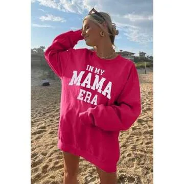 MYHALF Women Mama Sweatshirt Oversized Sweatshirts Crewneck Mom Era Print Pullover Long Sleeve Sweater Shirts Pink