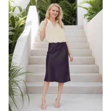 Women Solid High Waist Silky Casual Elastic Satin Midi Skirt - Made in USA(Small,Black)