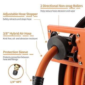 Giraffe Tools Swivel Bracket with Retractable Air Hose Reel Wall Mount 3/8 in. x 50 FT Hybrid Hose Pneumatic Heavy Duty Steel Reel Auto Rewind 300PSI