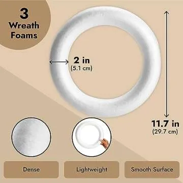 3 Pack Foam Wreath Forms, 12 Inch Round Foam Rings for Crafts, DIY Projects, Holiday Decor