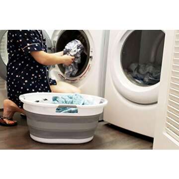 SAMMART 36L (9.5 Gallon) Collapsible 3 Handled Plastic Laundry Basket-Foldable Pop Up Storage Container-Portable Washing Tub-Space Saving Basket/Water Capacity 27L/7.1 Gallon (1, Grey)