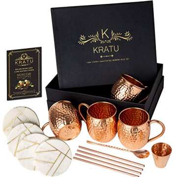 Luxurious KRATU Moscow Mule Copper Mugs Gift Set with Coasters
