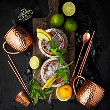Luxurious KRATU Moscow Mule Copper Mugs Gift Set with Coasters