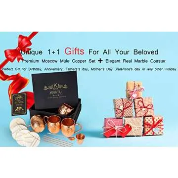 Luxurious KRATU Moscow Mule Copper Mugs Gift Set with Coasters
