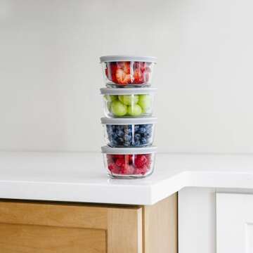 DURA LIVING 8-Piece Glass Food Storage Containers Set (4 Containers + 4 BPA-Free Lids) | 7-Ounce, Leakproof | Microwave, Freezer, Oven & Dishwasher Safe | Ideal for Meal Prep & Pantry Organization