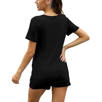 Aloodor Pajama Matching Sets for Women 2 Piece Short Sleeve V Neck Pjs Lounge Sets Sleepwear Soft Fall Outfits Black M
