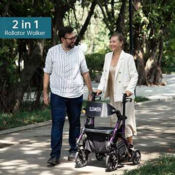 Elenker 2 in 1 Rollator Walker & Transport Chair, Folding Wheelchair Rolling Mobility Walking Aid with Seat Belt, Padded Seat and Detachable Footrests for Adult, Seniors (Purple)
