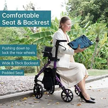Elenker 2 in 1 Rollator Walker & Transport Chair, Folding Wheelchair Rolling Mobility Walking Aid with Seat Belt, Padded Seat and Detachable Footrests for Adult, Seniors (Purple)