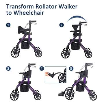 Elenker 2 in 1 Rollator Walker & Transport Chair, Folding Wheelchair Rolling Mobility Walking Aid with Seat Belt, Padded Seat and Detachable Footrests for Adult, Seniors (Purple)