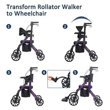 Elenker 2 in 1 Rollator Walker & Transport Chair, Folding Wheelchair Rolling Mobility Walking Aid with Seat Belt, Padded Seat and Detachable Footrests for Adult, Seniors (Purple)