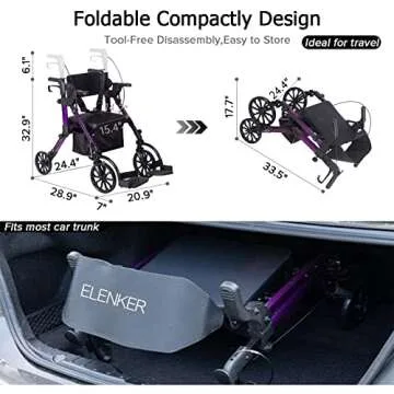 Elenker 2 in 1 Rollator Walker & Transport Chair, Folding Wheelchair Rolling Mobility Walking Aid with Seat Belt, Padded Seat and Detachable Footrests for Adult, Seniors (Purple)