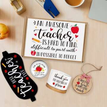 Levfla Teacher Appreciation Gift Basket Thanksgiving B-Day Gift Box for Master Tutor Mr. Mrs. Women Holiday Ornament Succulent Plant Pot Greeting Card Apple Candle Present Idea from Student Set of 5