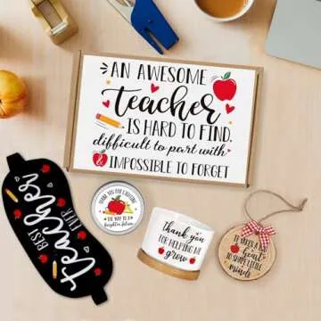 Levfla Teacher Appreciation Gift Basket Thanksgiving B-Day Gift Box for Master Tutor Mr. Mrs. Women Holiday Ornament Succulent Plant Pot Greeting Card Apple Candle Present Idea from Student Set of 5