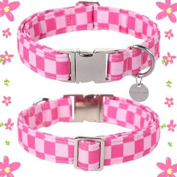 UP URARA PUP Dog Collar for Summer, Cute Pink Plaid Dog Collar, Cotton Puppy Collar with Adjustable ...