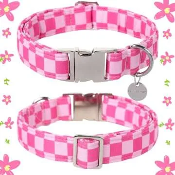 UP URARA PUP Dog Collar for Summer, Cute Pink Plaid Dog Collar, Cotton Puppy Collar with Adjustable ...