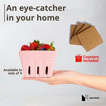 NEXVENTI Ceramic Berry Basket Bowl (Set of 4) | Strawberry Fruit Containers for Fridge | Square Fruit Bowl Farmers Market Harvest Basket | Berry Colander Glass Keeper Stoneware Kitchen Décor (Combi 1)