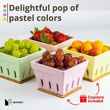 NEXVENTI Ceramic Berry Basket Bowl (Set of 4) | Strawberry Fruit Containers for Fridge | Square Fruit Bowl Farmers Market Harvest Basket | Berry Colander Glass Keeper Stoneware Kitchen Décor (Combi 1)