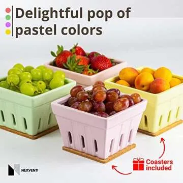 NEXVENTI Ceramic Berry Basket Bowl (Set of 4) | Strawberry Fruit Containers for Fridge | Square Fruit Bowl Farmers Market Harvest Basket | Berry Colander Glass Keeper Stoneware Kitchen Décor (Combi 1)