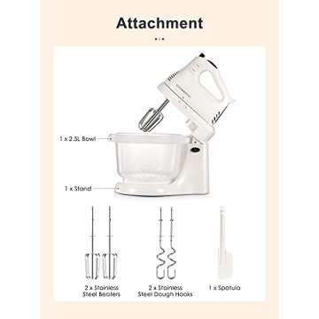 2 in 1 Hand Mixers Kitchen Electric Stand mixer with bowl 3 Quart, electric mixer handheld for Everyday Use, Dough Hooks & Mixer Beaters for Frosting, Meringues & More (White-P)