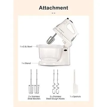 2 in 1 Hand Mixers Kitchen Electric Stand mixer with bowl 3 Quart, electric mixer handheld for Everyday Use, Dough Hooks & Mixer Beaters for Frosting, Meringues & More (White-P)