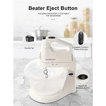 2 in 1 Hand Mixers Kitchen Electric Stand mixer with bowl 3 Quart, electric mixer handheld for Everyday Use, Dough Hooks & Mixer Beaters for Frosting, Meringues & More (White-P)
