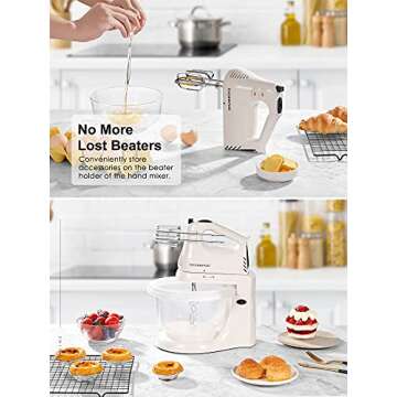 2 in 1 Hand Mixers Kitchen Electric Stand mixer with bowl 3 Quart, electric mixer handheld for Everyday Use, Dough Hooks & Mixer Beaters for Frosting, Meringues & More (White-P)