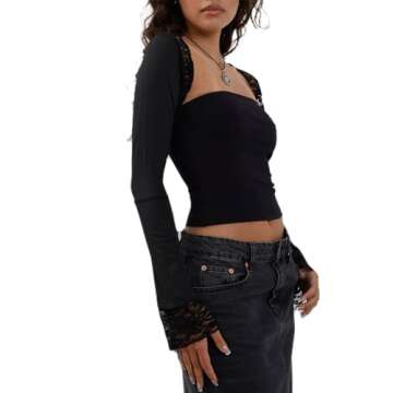 Women Lace Long Sleeve Shirt Top Y2K Slim Fit Crop Top Sexy Lace Low Cut Top Tee Club Streetwear(L-Sexy Slim Fit Black Tee Shirt,S)
