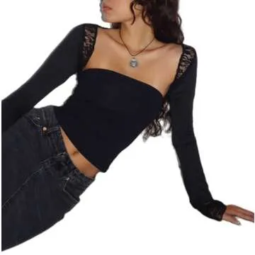 Women Lace Long Sleeve Shirt Y2K Sexy Crop Top