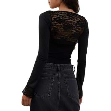 Women Lace Long Sleeve Shirt Top Y2K Slim Fit Crop Top Sexy Lace Low Cut Top Tee Club Streetwear(L-Sexy Slim Fit Black Tee Shirt,S)
