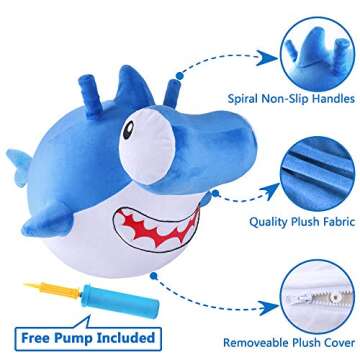 iPlay, iLearn Bouncy Pals Kid Shark Bouncy Balls, Toddler Hammer Head Shark Bouncing Ball W/Handle, Outside Ride Hopper Toy, Outdoor Active Hopping Jumper, Birthday Gift 2 3 4 5 6 Year Old Boy Girl