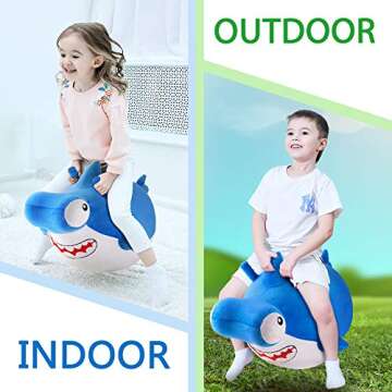 iPlay, iLearn Bouncy Pals Kid Shark Bouncy Balls, Toddler Hammer Head Shark Bouncing Ball W/Handle, Outside Ride Hopper Toy, Outdoor Active Hopping Jumper, Birthday Gift 2 3 4 5 6 Year Old Boy Girl