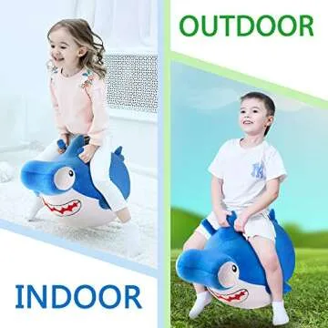 iPlay, iLearn Bouncy Pals Kid Shark Bouncy Balls, Toddler Hammer Head Shark Bouncing Ball W/Handle, Outside Ride Hopper Toy, Outdoor Active Hopping Jumper, Birthday Gift 2 3 4 5 6 Year Old Boy Girl