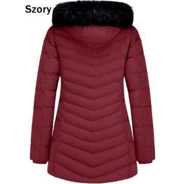 Szory Women's Winter Thicken Coats Warm Puffer Parka Jackets with Removable Fur Hood (Wine Red,Large...
