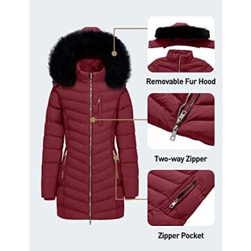 Szory Women's Winter Thicken Coats Warm Puffer Parka Jackets with Removable Fur Hood (Wine Red,Large)