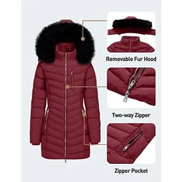 Szory Women's Winter Thicken Coats Warm Puffer Parka Jackets with Removable Fur Hood (Wine Red,Large)