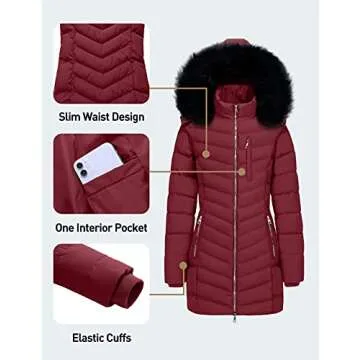 Szory Women's Winter Thicken Coats Warm Puffer Parka Jackets with Removable Fur Hood (Wine Red,Large)