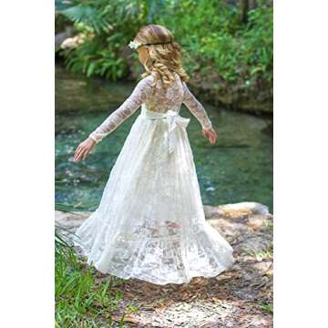 Fancy Ivory White Lace Flower Girl Dress Boho Rustic First Communion Gowns(Size 6,Ivory)