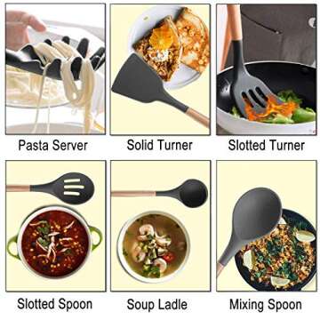 Silicone Cooking Utensils Set - 19 Pcs Kitchen Utensils Heat Resistant/Non-stick/Non Toxic/BPA Free Silicon Spoons Spatula Whisk Tongs Mixing Spoon,Wooden Handle Kitchen Utensil Set with Holder