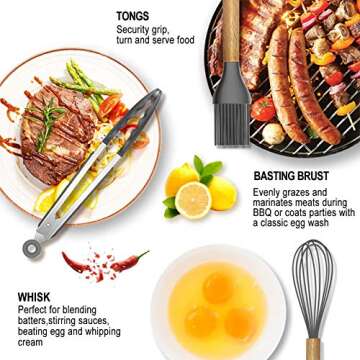 Silicone Cooking Utensils Set - 19 Pcs Kitchen Utensils Heat Resistant/Non-stick/Non Toxic/BPA Free Silicon Spoons Spatula Whisk Tongs Mixing Spoon,Wooden Handle Kitchen Utensil Set with Holder