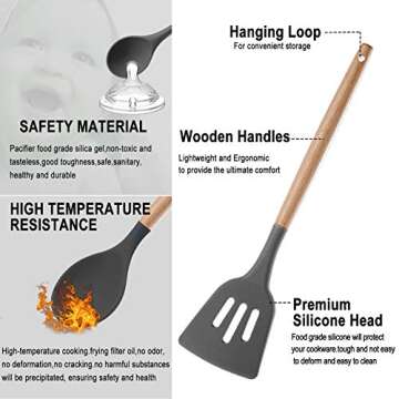 Silicone Cooking Utensils Set - 19 Pcs Kitchen Utensils Heat Resistant/Non-stick/Non Toxic/BPA Free Silicon Spoons Spatula Whisk Tongs Mixing Spoon,Wooden Handle Kitchen Utensil Set with Holder
