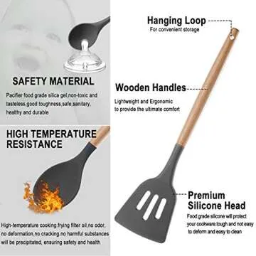 Silicone Cooking Utensils Set - 19 Pcs Kitchen Utensils Heat Resistant/Non-stick/Non Toxic/BPA Free Silicon Spoons Spatula Whisk Tongs Mixing Spoon,Wooden Handle Kitchen Utensil Set with Holder