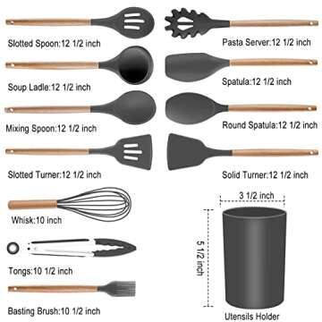 Silicone Cooking Utensils Set - 19 Pcs Kitchen Utensils Heat Resistant/Non-stick/Non Toxic/BPA Free Silicon Spoons Spatula Whisk Tongs Mixing Spoon,Wooden Handle Kitchen Utensil Set with Holder