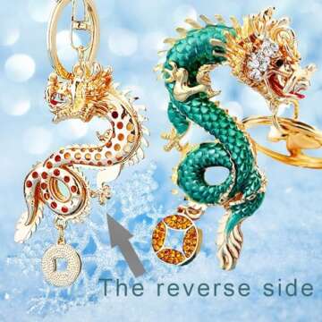 GHUNT Cartoon Rhinestone Chinese Dragon Keychain Women Men Bag Keychain, Chinese Rhinestone Dragon Animal Keychain Accessories Gift (Green+Blue)
