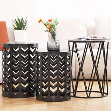 Y&M Set of 3 Metal Round Coffee Accent Table, Side Table End Table for Indoor Outdoor Multifunctional Use,Heavy Duty Metal Plant Stand Decorative Garden Stool- Black(Ship from US)
