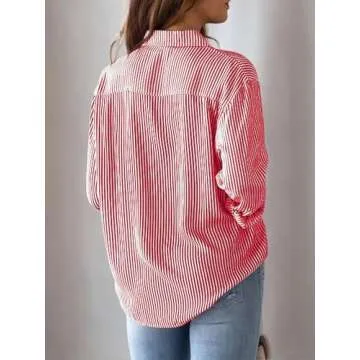 CUNLIN Red and White Button Down Shirt for Women